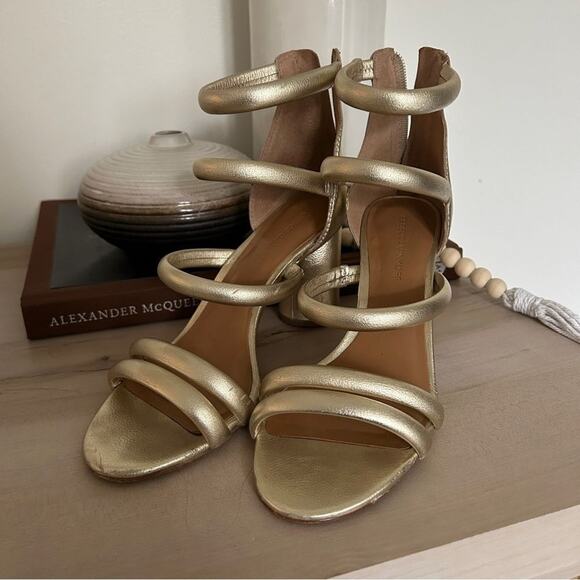 Rebecca Minkoff Gold Strap Heel Sandals, zipper back, gladiator, metallic US 8 - Picture 1 of 3